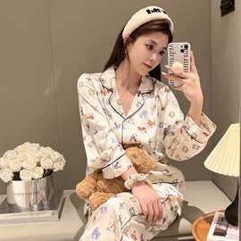福利价春秋季网红同款睡衣女士冰雪丝丝绸可外穿印花家居服套装