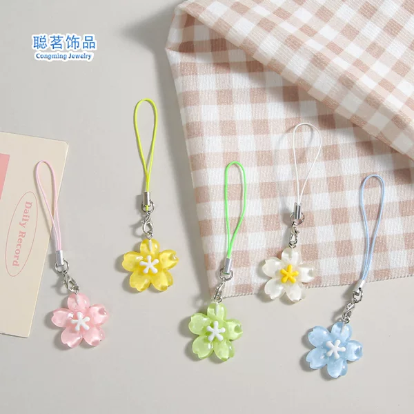 Colorful Transparent Resin Cherry Blossom Flower Keychain Pendant Small Fresh Cute All-match Bag Mobile Phone Chain Small Hanging Ornaments