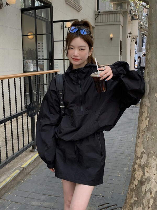 休闲套装女秋季连帽半拉链冲锋衣外套高腰包臀裙半身裙时尚两件套|undefined