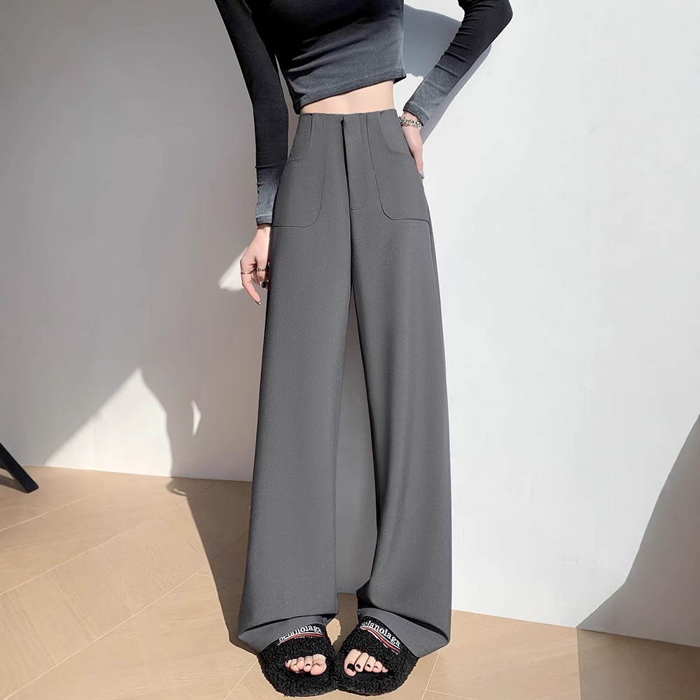 Pantalones de piernas anchas grises para mujeres 2025 primavera nueva cintura alta relajada relajada pantalones casuales rectos pantalones de traje estrechos