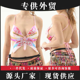 欧美跨境吊带亮片上衣肚皮舞蝴蝶文胸演出服舞蹈表演服绑带胸衣
