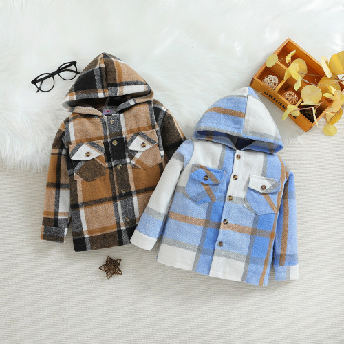 New Arrival Kids' Clothing: Boys' Spring and Autumn Outerwear—European and American Style Plaid Hooded Shirt for Children, Casual Shirt for Babies