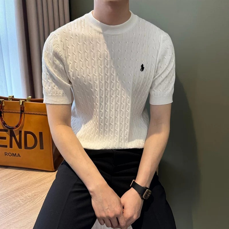 Old Money Style Summer Light Luxury Niche Street-Fashion Ice Silk Cool Feeling Men's Short Sleeve T-Shirt with Vintage Cable Knit Design Old Money Style Summer Light Luxury Niche Street-Fashion Ice Silk Cool Feeling Men's Short Sleeve T-Shirt with Vintage Cable Knit Design