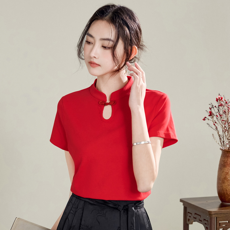 2024 Summer New Chinese Style National Style Button Round Neck Short Sleeve T-Shirt Women's All-match Fashion Elegant Base Shirt Top
