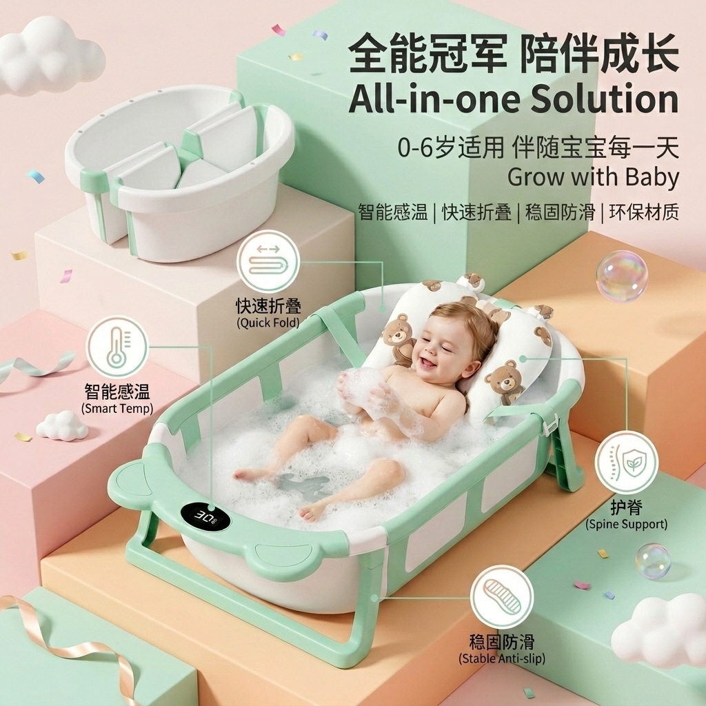 Ventas transfronterizas calientes de pequeño volumen sensible a la temperatura bañera infantil bañera plegable para bebés se puede sentar y acostar productos neonatos