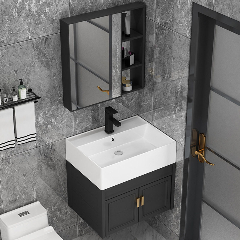 Pequeño apartamento baño gabinete negro lavabo combinación espejo gabinete lavabo baño inodoro mini