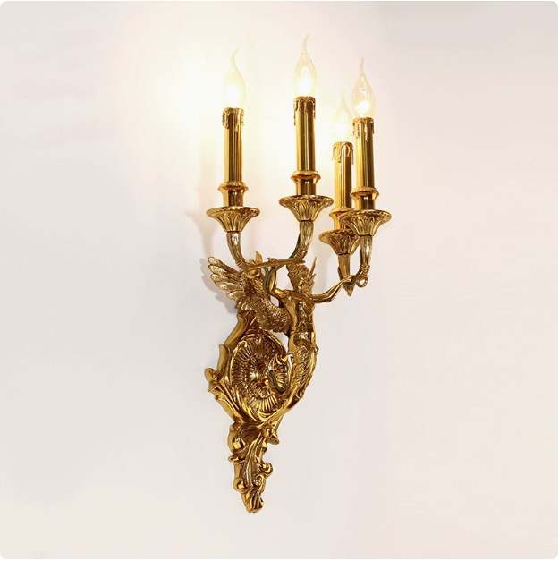 French-Style All-Copper Wall Lamp, European Luxury Vintage Angel Hotel Living Room Lighting, Palace Villa Candle Led Lamp