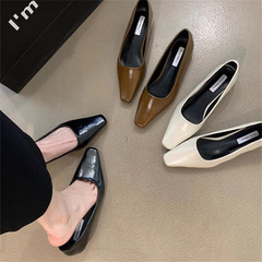 時尚簡約粗跟單鞋女淺口樂福鞋2024年新款網紅方頭中跟一腳蹬瓢鞋