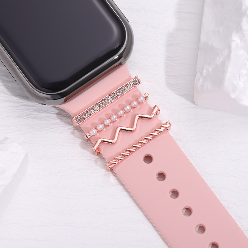 Juego de 4 anillos decorativos con perlas para correa de silicona de Apple Watch, diseño minimalista