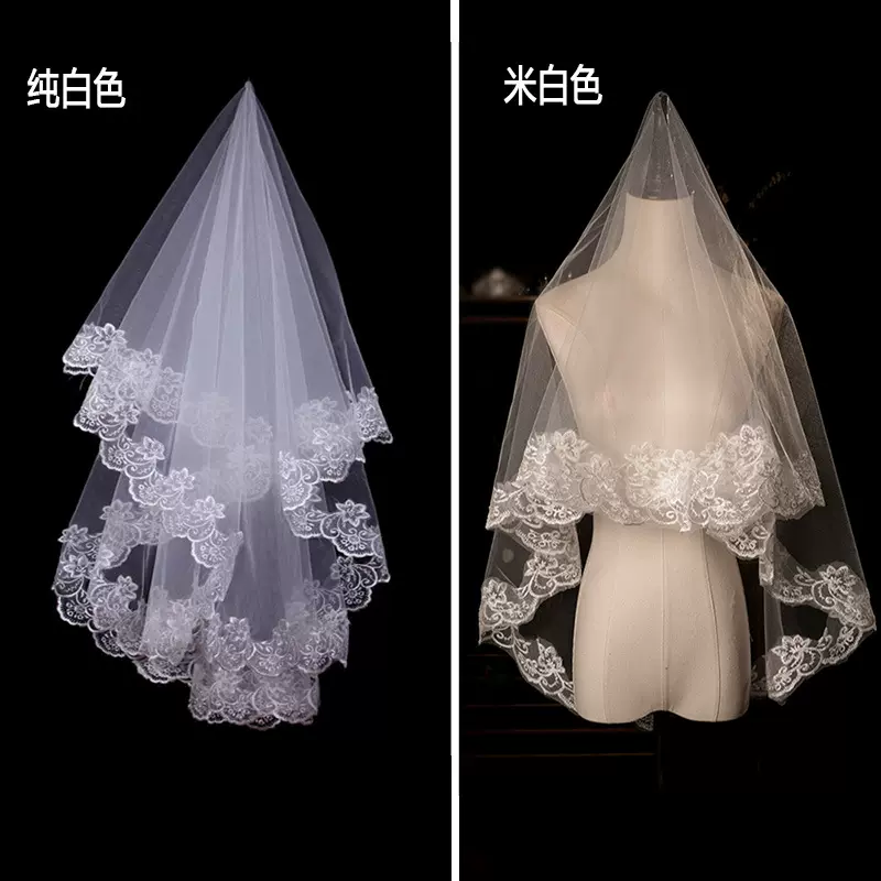 批发欧美新娘单层漂白色头纱婚纱礼服配饰结婚蕾丝花边头纱厂家