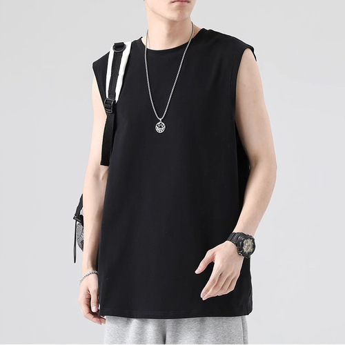 White Men's Spring Youth Basic Loose Hong Kong Style Sleeveless T-Shirt Top Plus Size Casual Crewneck Shirt