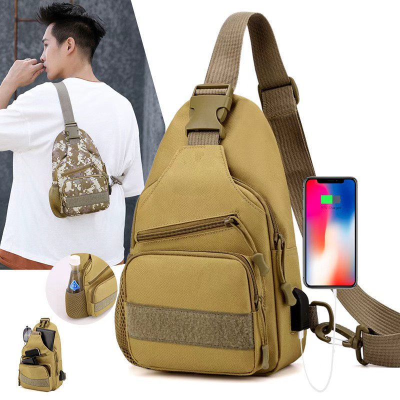 New Camouflage Chest Bag for Men, Outdoor Sports USB Charging Multi-Functional Crossbody Bag, Waterproof and Wear-Resistant Mountaineering Backpack