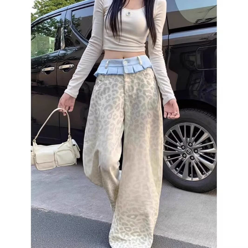 American Hot Girl Small Skirt Contrasting Color Stitching Straight Jeans 2025 Design Draped Loose Leopard Print Floor-Length Pants