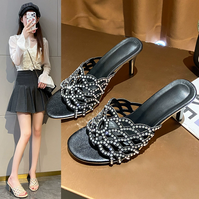 Модные летние босоножки на высоком каблуке с открытым носком и стразами для женщин, лето 2025, новая модель, с вырезом и стилетто