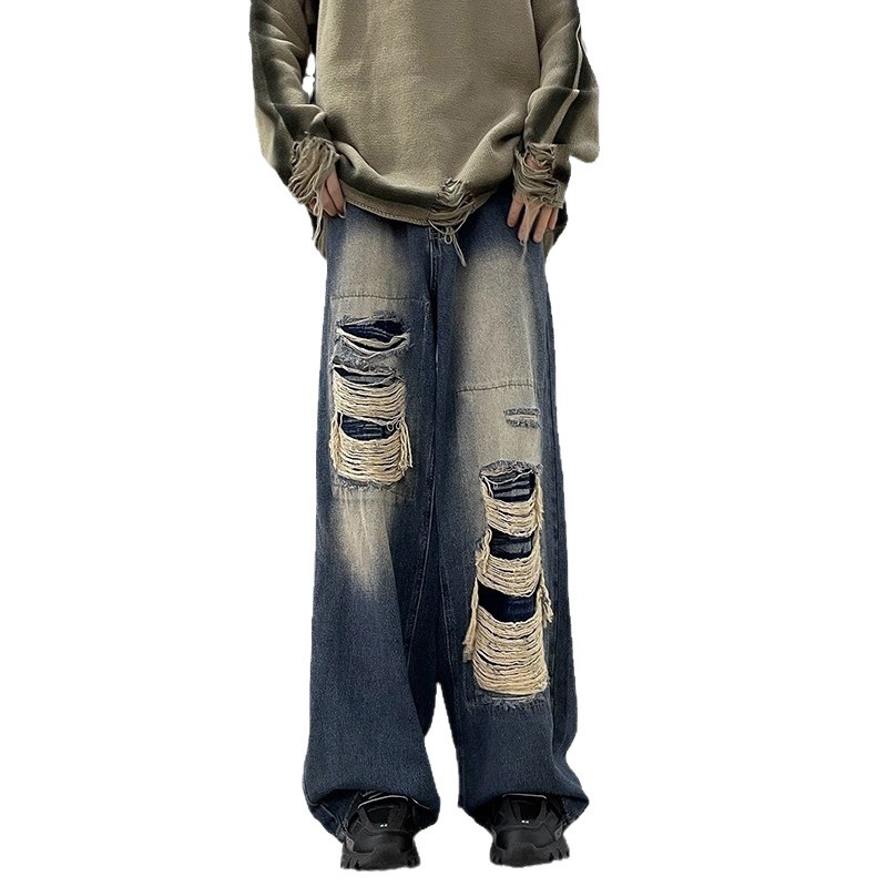 Spring And Autumn Distressed Jeans For Men, Casual Trendy Brand, Cool Washed High Street American Style Versatile Pants_mkmklike.com