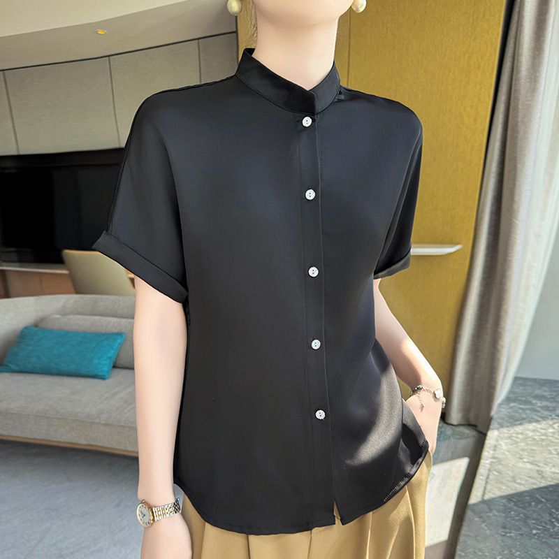 2026夏季缎面衬衣牛油果设计感复古通勤港味短袖上衣女气质上衣