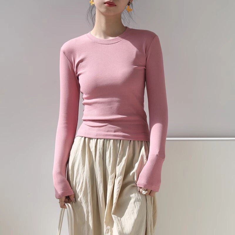 Spring and Autumn Bottoming Shirt Women's Long-Sleeved Right Shoulder Shirt 2025 New Slim Pink Inner Top Black Shirt