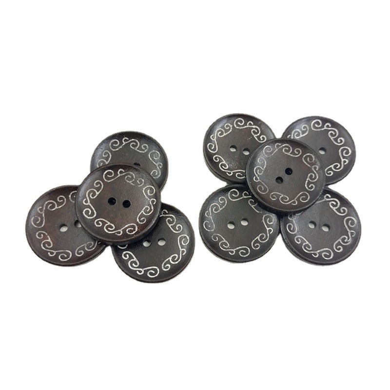 Botones de madera de 30mm patrón de flores negras artesanías de madera botones DIY botones decorativos de dos ojos 50 piezas un paquete