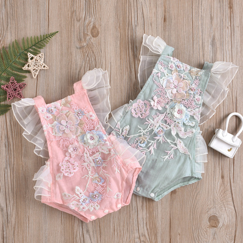 European and American cross-border foreign trade new women and children crawling suits with net lace and pearl embossed floral ties for infants and young children rompers