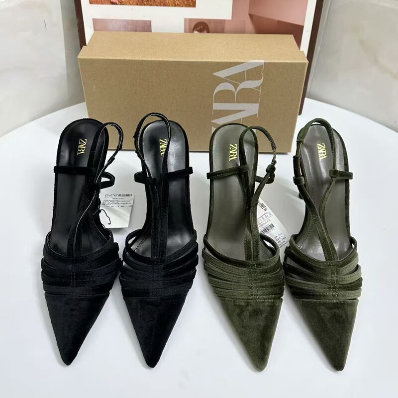 Za2026 Spring/Summer New French Style Pointed Toe Sandals for Women with Back Strap and Open Back High Heels