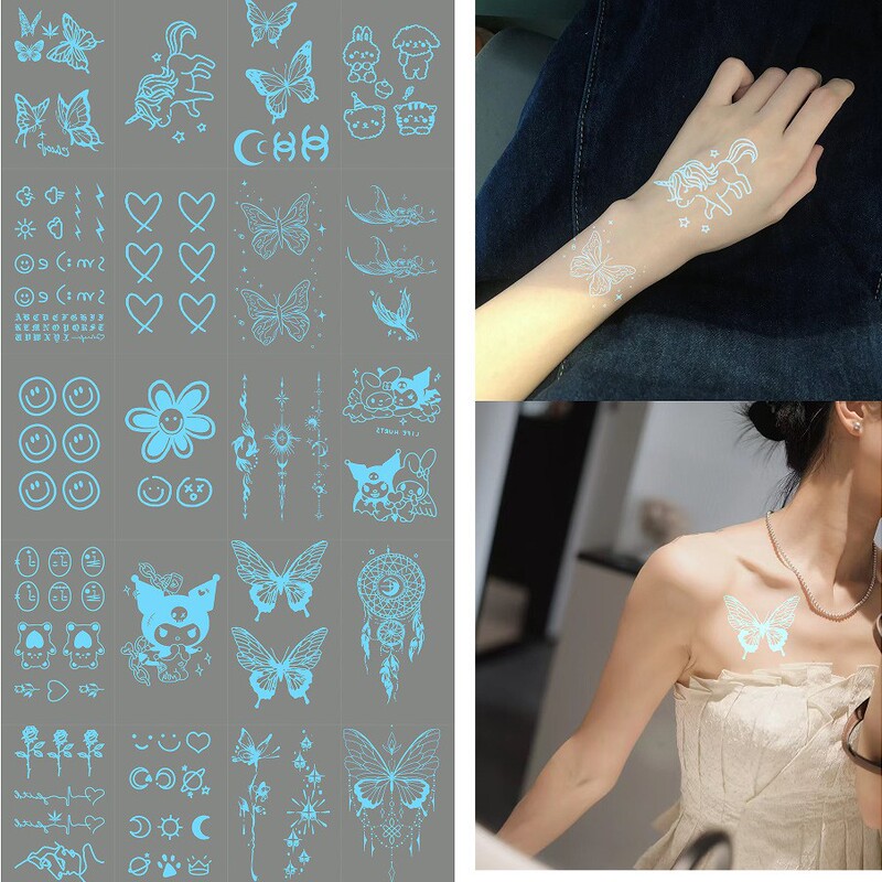 Cross-border New Henna White Luminous Butterfly Tattoo Face Sticker Arm Collarbone Blue Fluorescent Luminous Tattoo Sticker Cross-border New Henna White Luminous Butterfly Tattoo Face Sticker Arm Collarbone Blue Fluorescent Luminous Tattoo Sticker
