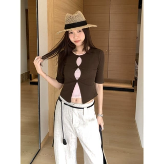 纯欲夏日韩系漂亮假两件撞色镂空中袖T恤女2026新款绝美上衣