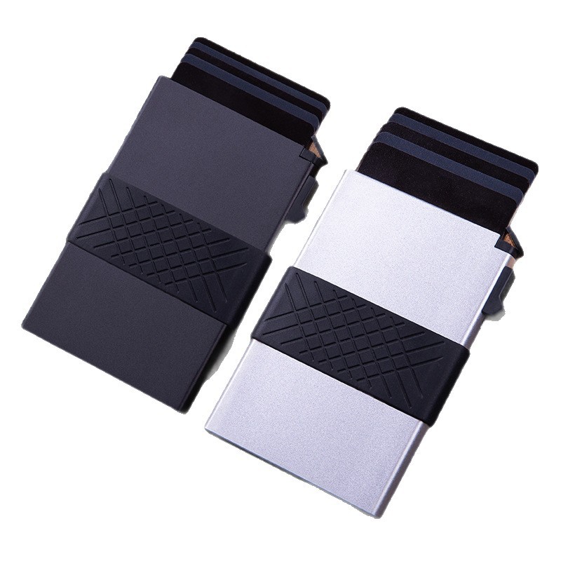 Cruz-frontera nueva caja de tarjeta de aleación de aluminio banda elástica billetera de los hombres de metal RFID anti-magnético titular de la tarjeta automática anti-robo