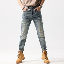 跨境夏季简约破洞九分牛仔裤男式日系潮牌轻奢青年微锥小脚牛