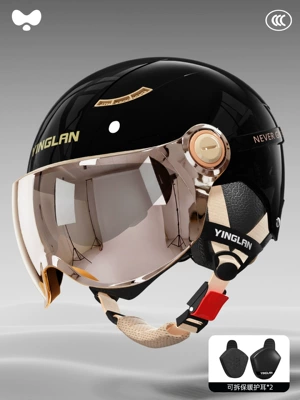 Yinglan Helmet Electric Vehicle Women's Motosiklet kaskı (dəbilqə) - 3c-shiny-black-electroplated-internal-and-external-dual-mirrors-detachable-ear-protection-one-size-fits-all