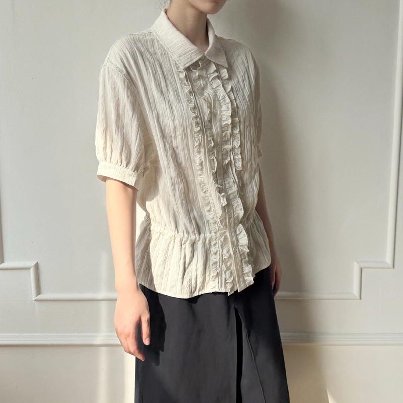 Linen Metallic Luster Texture Placket Pleated Lace-Up Hem Waist-Cinching Short-Sleeve Shirt with an Atmospheric Vibe for Women Linen Metallic Luster Texture Placket Pleated Lace-Up Hem Waist-Cinching Short-Sleeve Shirt with an Atmospheric Vibe for Women