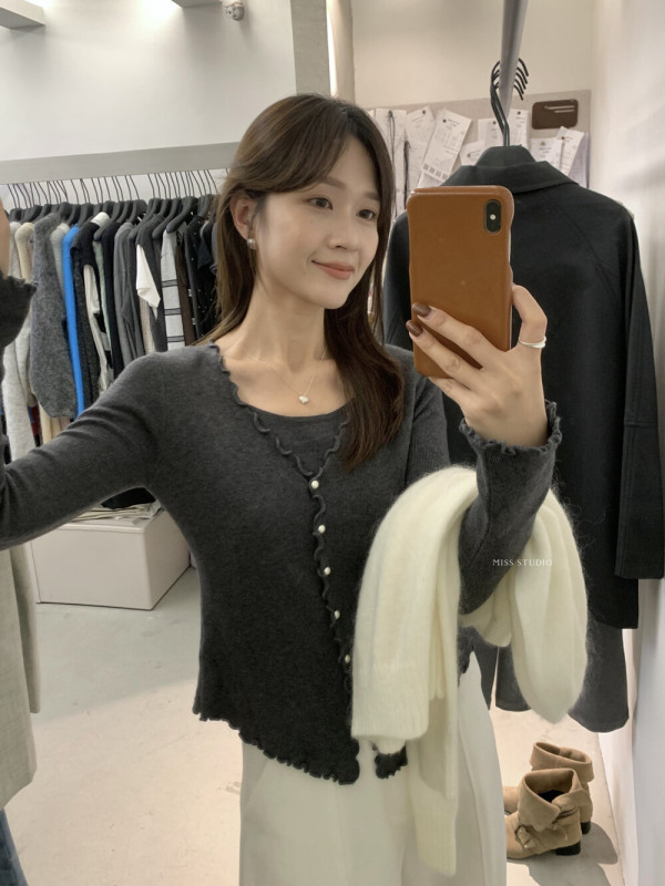 【MISS密思家】V领甜美简约波浪边假两件针织开衫女装A0833|undefined