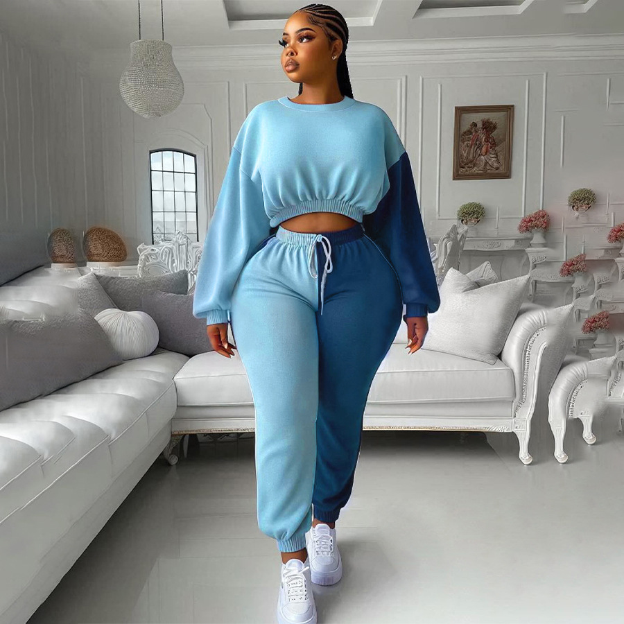 T085跨境女式秋冬加绒休闲圆领长袖松紧腰抽绳裤子撞色运动套装