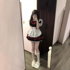 女仆装小恶魔Lolita黑红猫咪女佣可爱吸血鬼连衣裙两件套收腰围裙