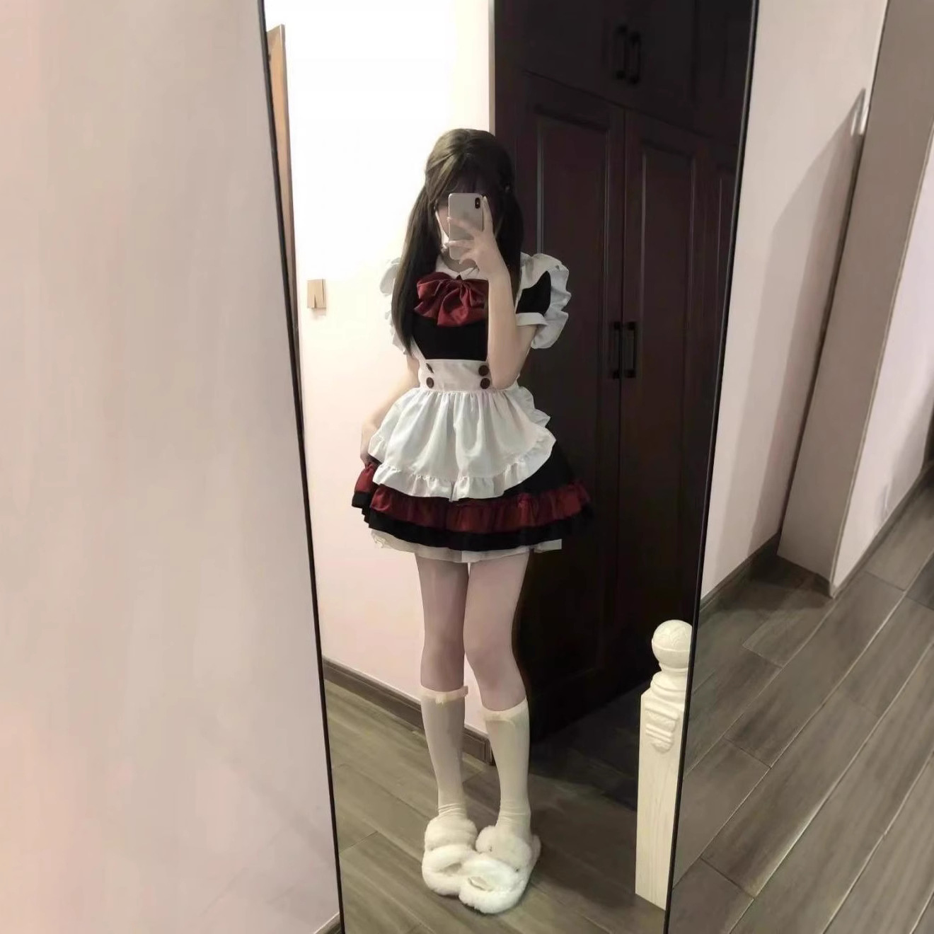 女仆装小恶魔Lolita黑红猫咪女佣可爱吸血鬼连衣裙两件套收腰围裙