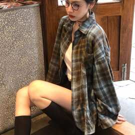 潮牌双色磨毛格子衬衫男女春季复古美式宽松长袖衬衣情侣外套氨纶