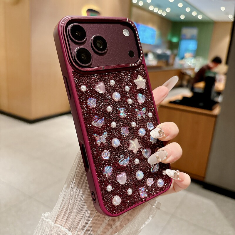 Luxurious Rhinestone Floral Three-Dimensional Phone Case Suitable for Apple iPhone 18, with Gemstone Heart and Pearl Inlaid Diamond Protective Cover