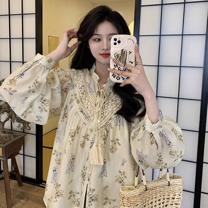 Retro French floral puff sleeve chiffon early spring 2023 new design lace-up loose long sleeve top for women