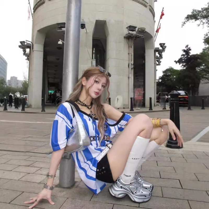 American Style Retro Jersey Style T-shirt Women's Summer Letter Printing Striped Short-sleeved Loose Shoulder Top Design Ins