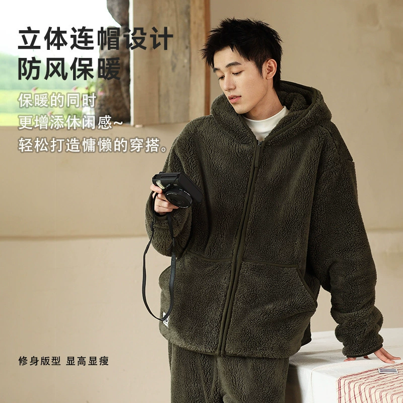 Velvet keep warm pijama, chain with hood with zipper, set, increased thickness