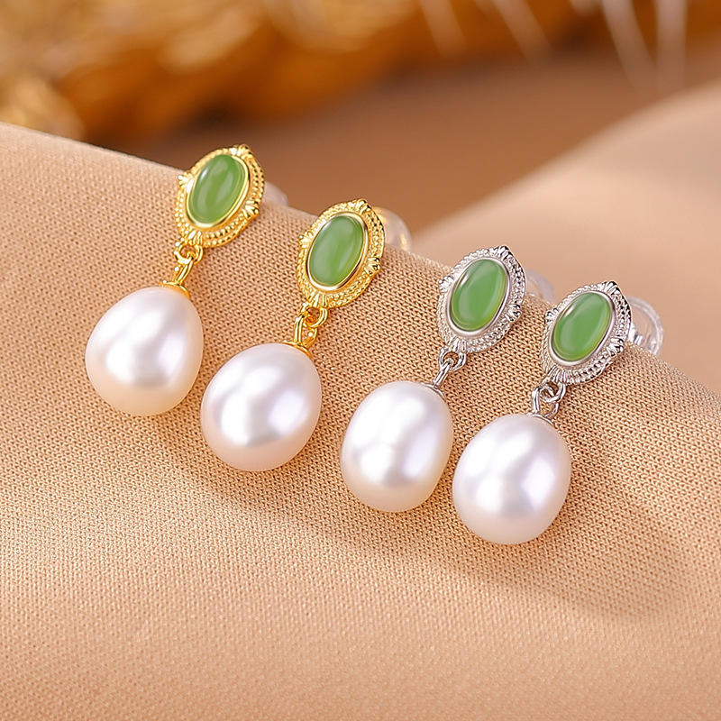 Bông tai nữ đính ngọc trai nước ngọt mạ vàng bạc S925 hình trứng — Kiểu màu bạc, Kiểu màu vàng
