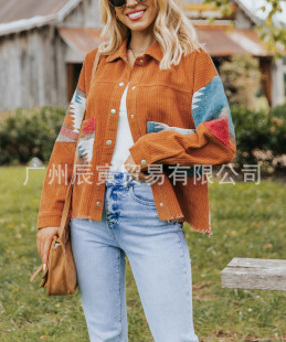 ins New European and American Autumn and Winter Women's Corduroy Ethnic Style Woolen Coat Stitching Contrast Coat