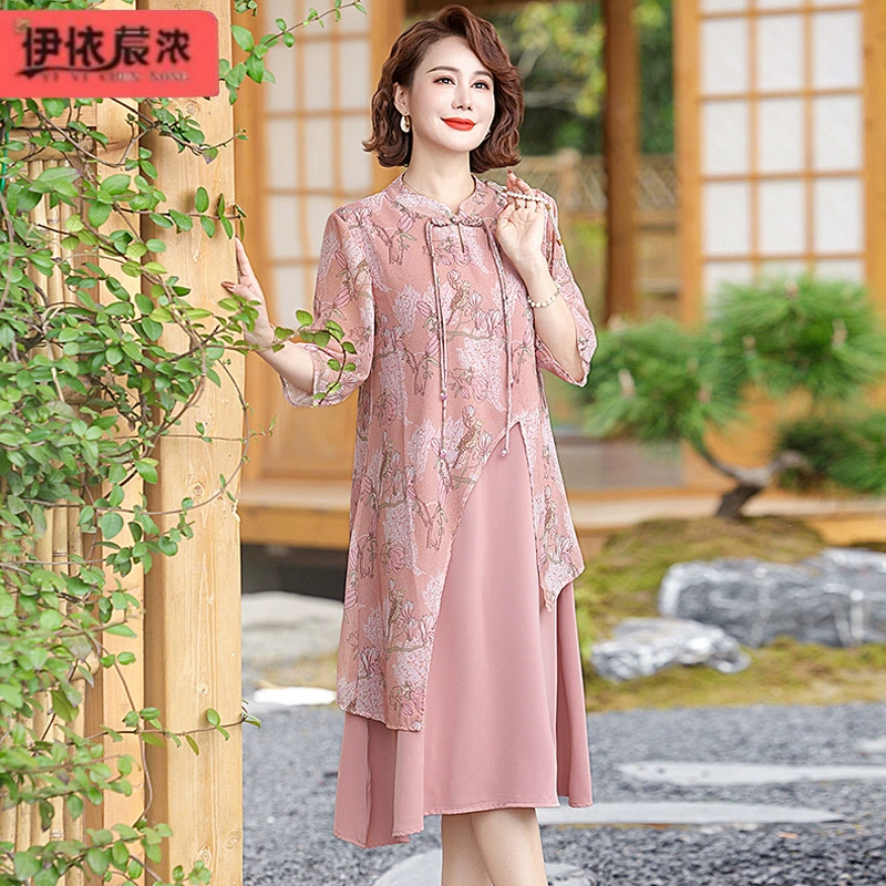 Летнее новое платье мамы в китайском стиле с короткими рукавами