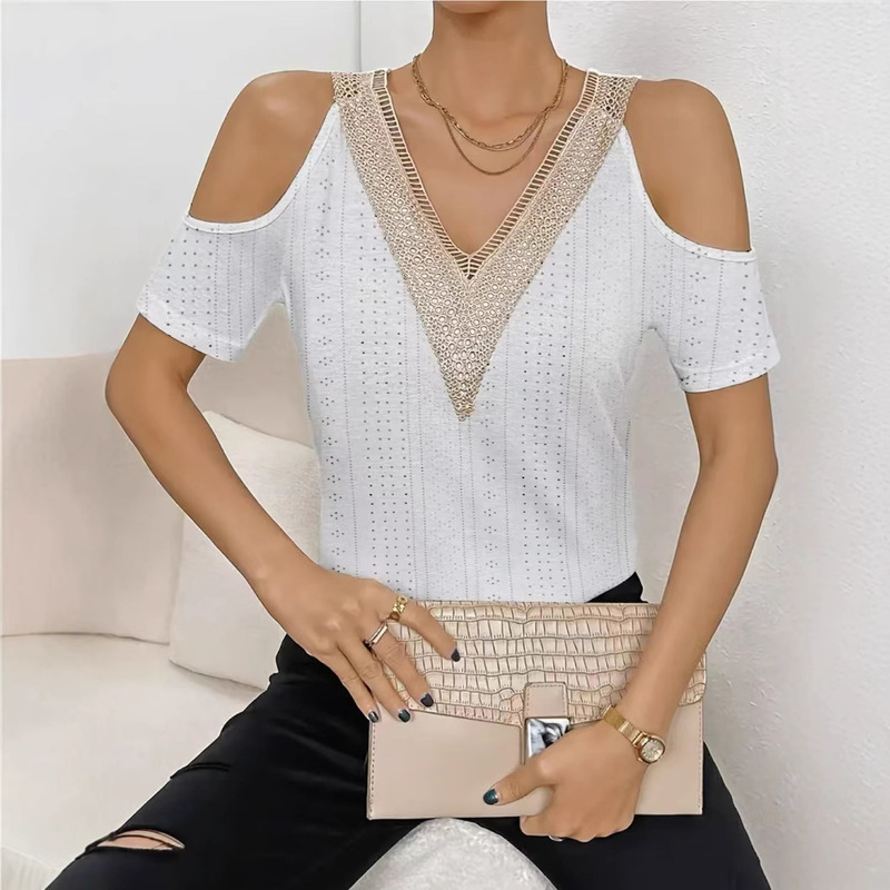 2025 Amazon European and American Cross-Border Independent Station Export Spring and Summer V-Neck Lace Splicing Spandex Loose Pullover T-Shirt