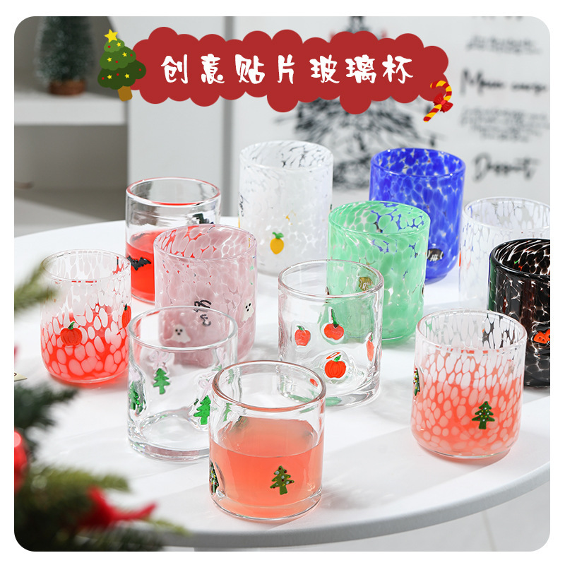 中古开口水晶杯人工压花贴片彩点玻璃杯万圣圣诞装饰冷饮洋酒杯子