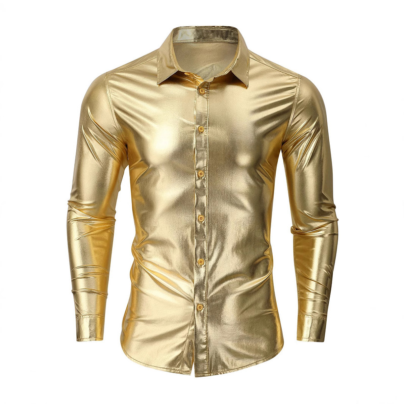 European and American Cross-Border Men's Spring and Autumn Long-Sleeved Shirts Metallic Shiny Elastic Nightclub Party Bronzing Shirts Wholesale European and American Cross-Border Men's Spring and Autumn Long-Sleeved Shirts Metallic Shiny Elastic Nightclub Party Bronzing Shirts Wholesale