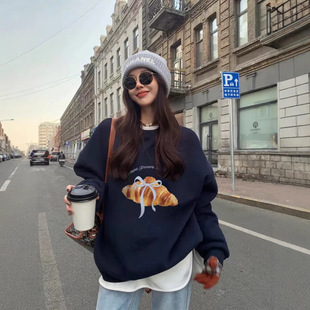 American Loosen Crewneck Sweatshirt Women's 2024 Fall/Winter New Thickened fleece-lined Heavy Top oversize Jacket