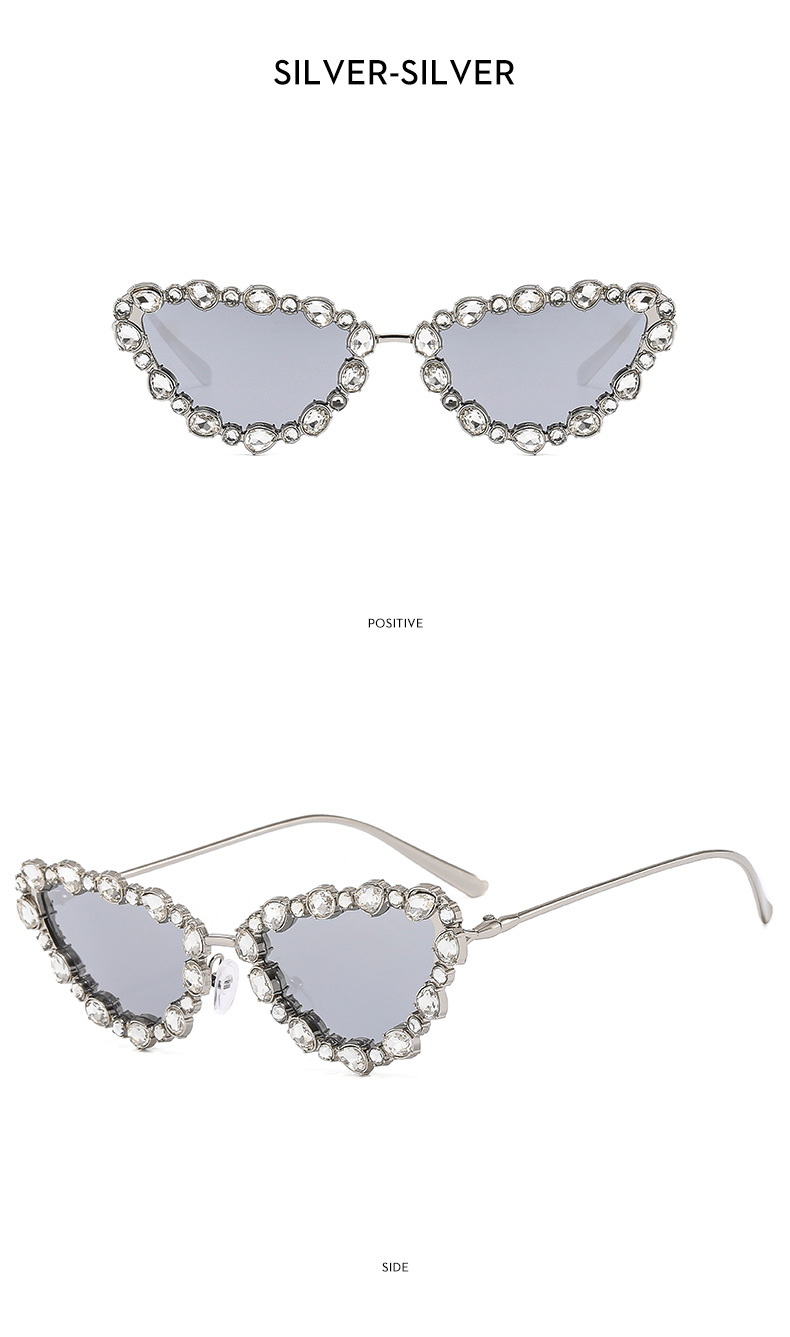 Grey, Silver Color Hip-Hop Irregular Ac UV400 Protection Cat Eye Rhinestone Full Frame Women's Sunglasses