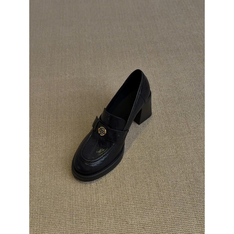 Cowhide Version ~ Silent-Soled Camellia Loafers for Women, Thick-Soled Lazy Small Leather Shoes, One-Legged High-Heeled Shoes