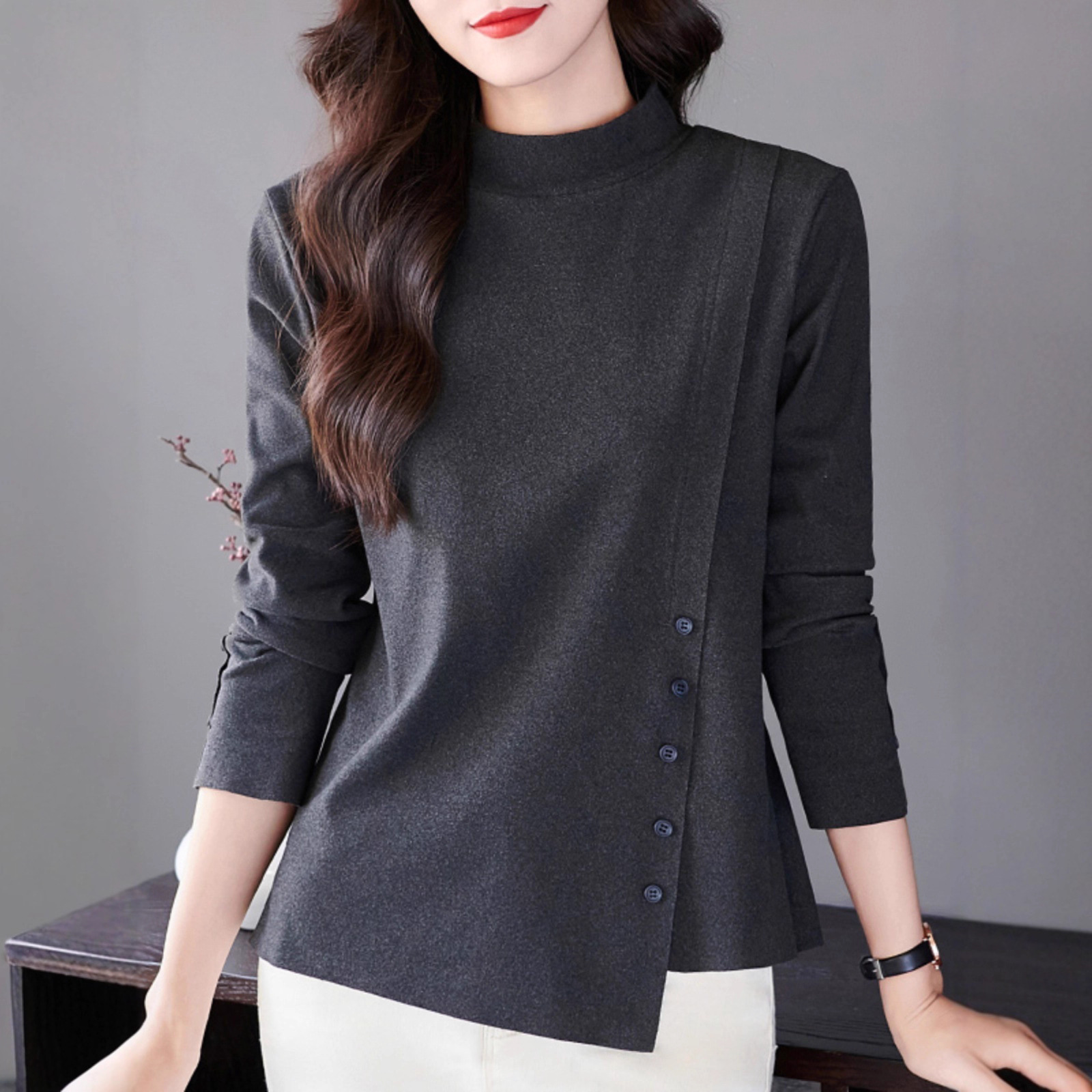 Derong Bottoming Shirt Women's 2025 Autumn and Winter New Style Half Turtleneck Inner Long-Sleeved T-Shirt Large Size Asymmetrical Top