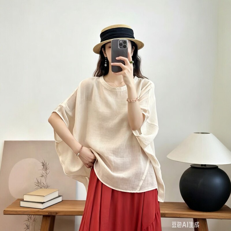 2026 Summer New Product, Artistic Retro Loose-Fitting Stand-Up Collar Design Short-Sleeved Solid Color Pullover Shirt Sm6061 2026 Summer New Product, Artistic Retro Loose-Fitting Stand-Up Collar Design Short-Sleeved Solid Color Pullover Shirt Sm6061